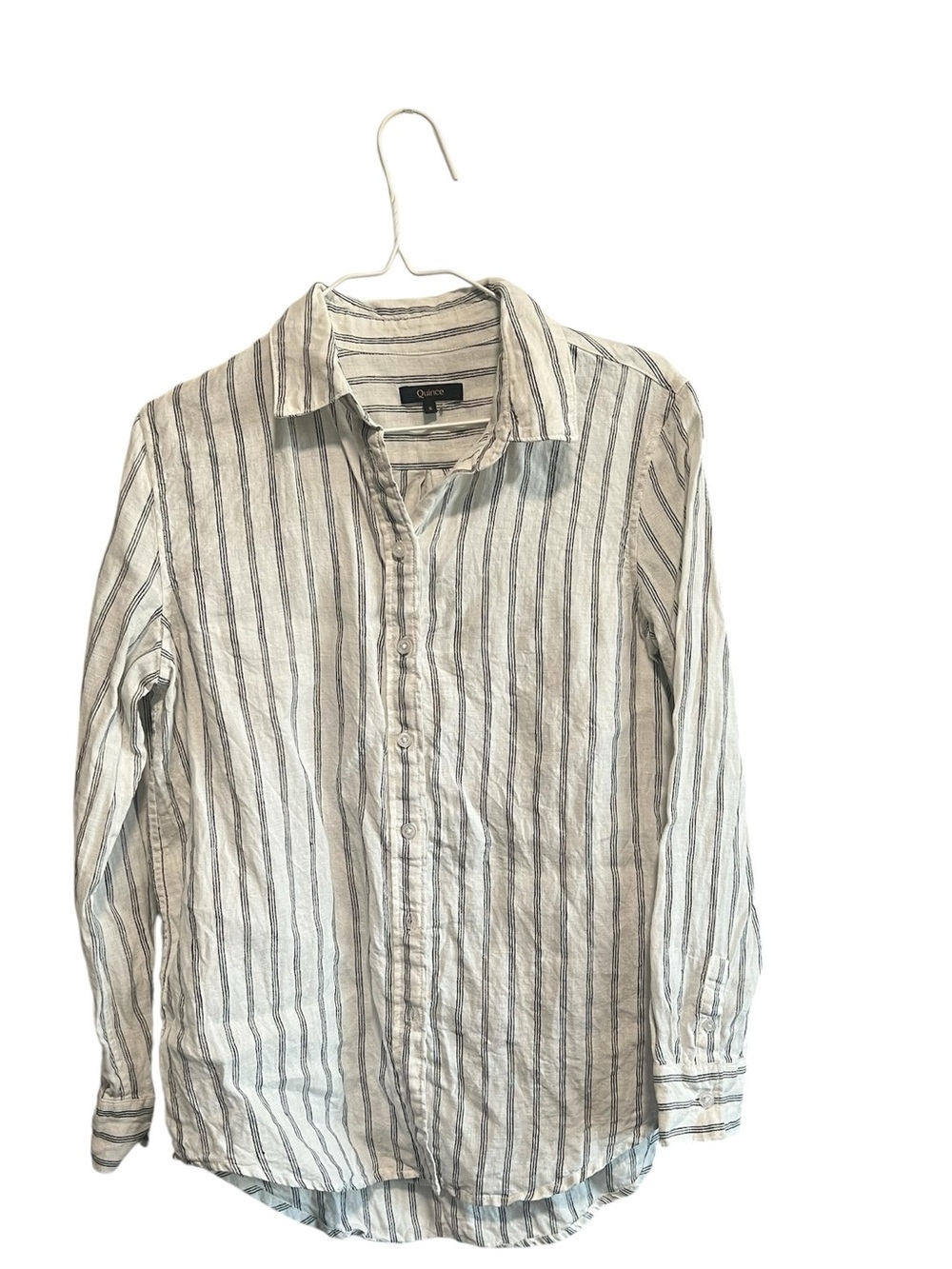 Quince 100% European Linen Long Sleeve Shit Cameal/ Black Stipe Size Small - Picture 4 of 8